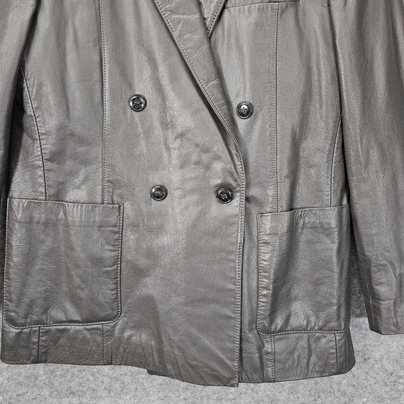 Vintage OLEG CASSINI Jacket Small Gray Genuine Leather Double Breasted 70s 20x29 - Picture 10 of 15